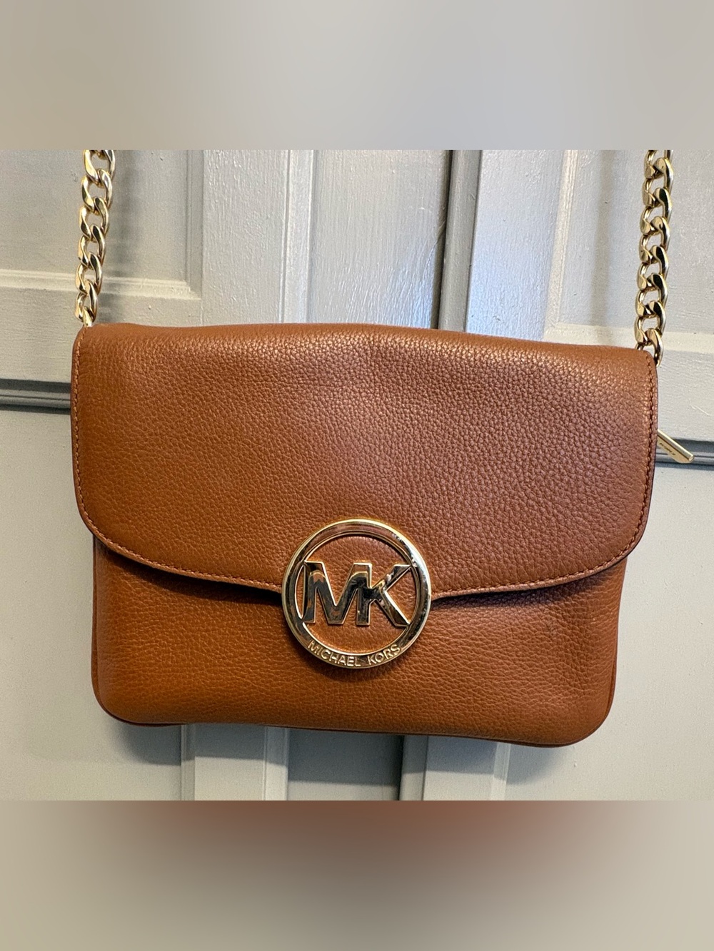 Michael Kors Tan Pebbled Leather Crossbody with Gold MK Emblem